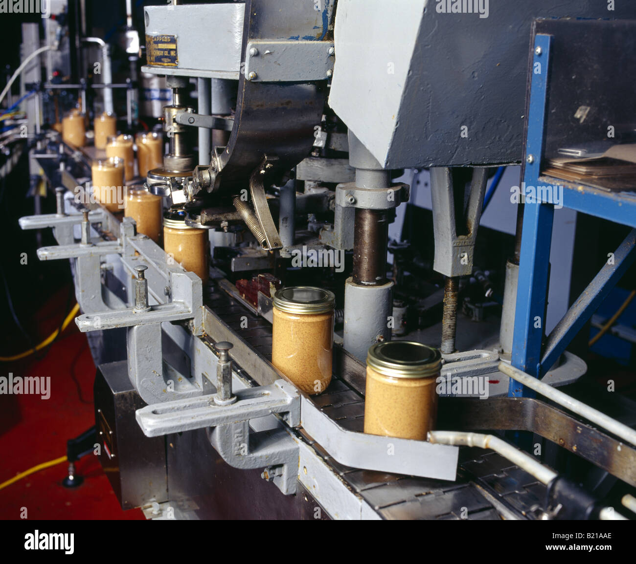 Remplissage des pots en verre avec couvercles DE BEURRE D'ARACHIDE BIOLOGIQUE APPLIQUÉ DÉMÉNAGEMENT SUR CONVOYEUR NEW YORK Banque D'Images