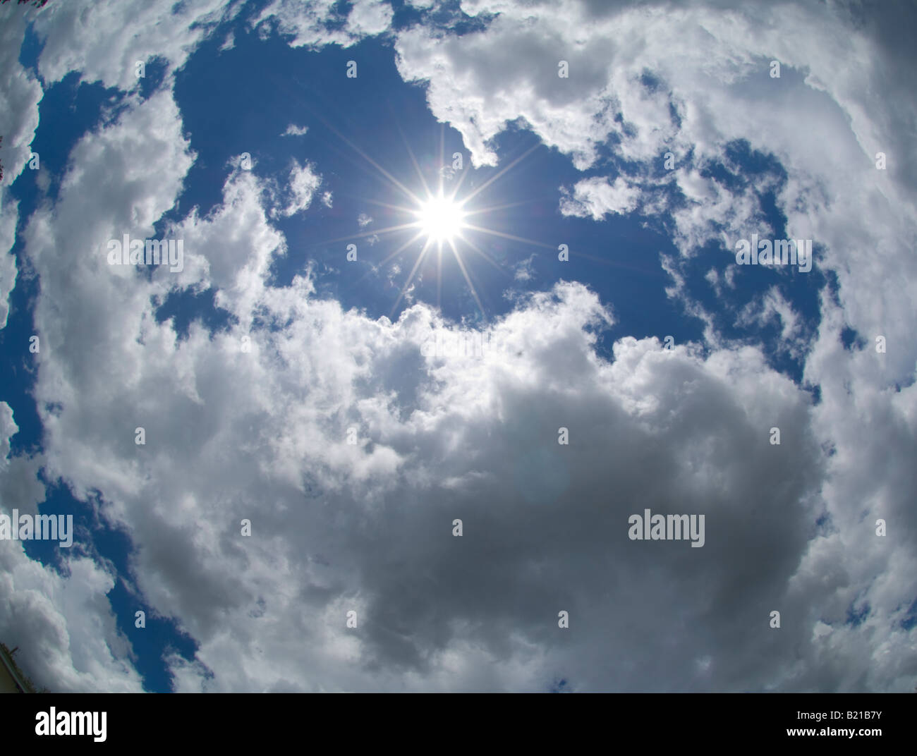 Appareil photo fish-eye view of dramatic blanches nuages ciel ensoleillé Banque D'Images