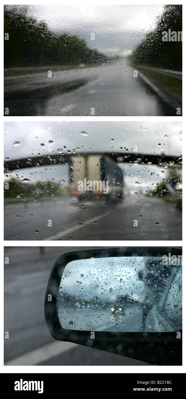 Sur la route sous la pluie... Mélange de photos Banque D'Images