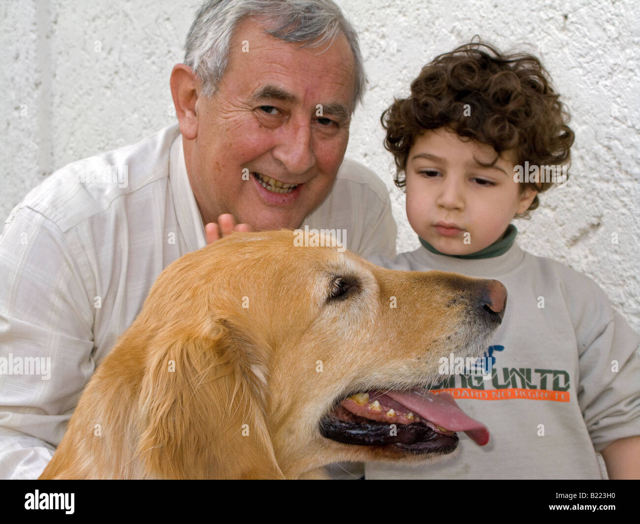 Grand-père jouant avec son petit-fils et un golden retriever Banque D'Images