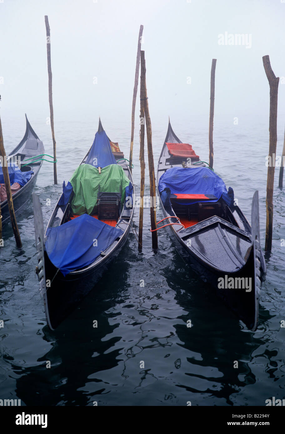 Gondoles amarrés dans le Grand Canal sur un matin brumeux Banque D'Images