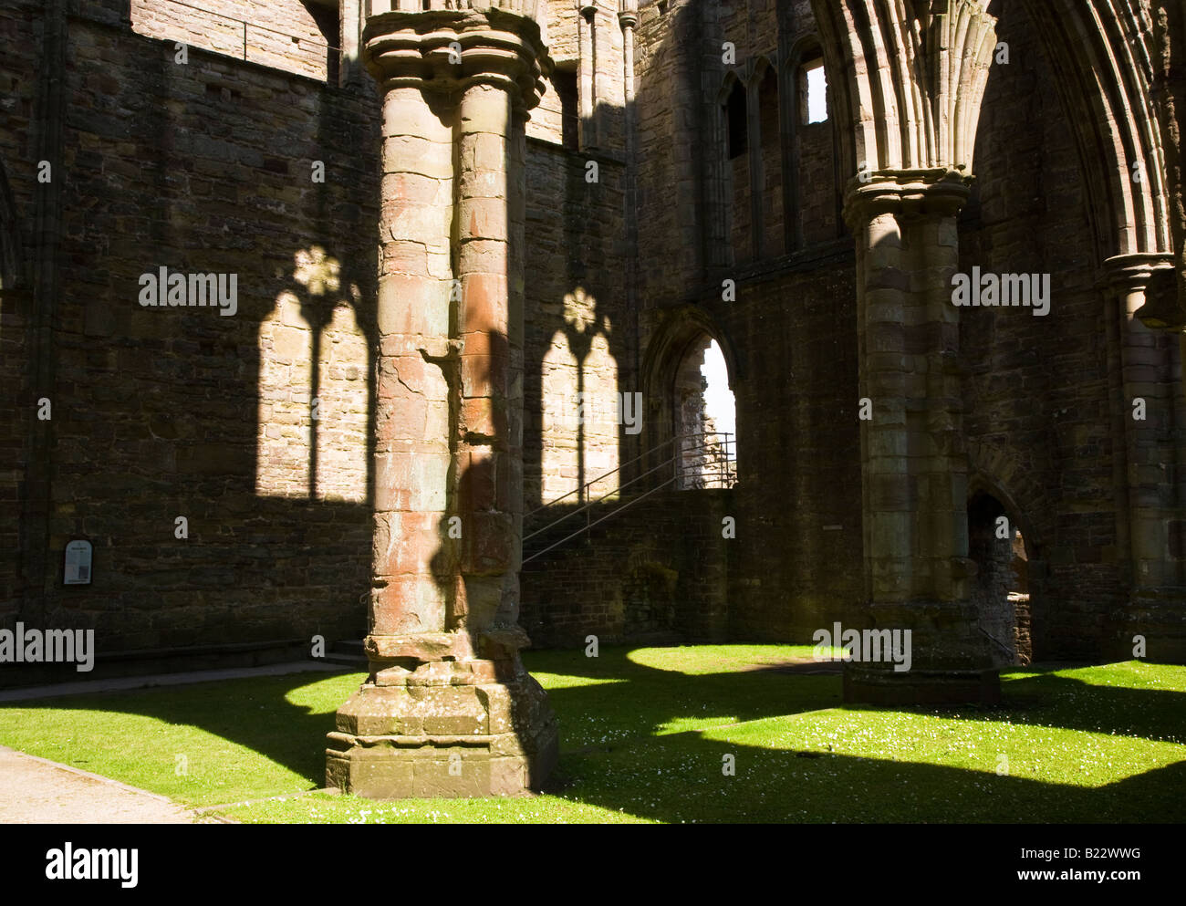 À l'intérieur du transept nord, l'abbaye de Tintern, ensoleillée avec des réflexions sur les murs, et montrant la nuit escaliers utilisés par les moines. Banque D'Images