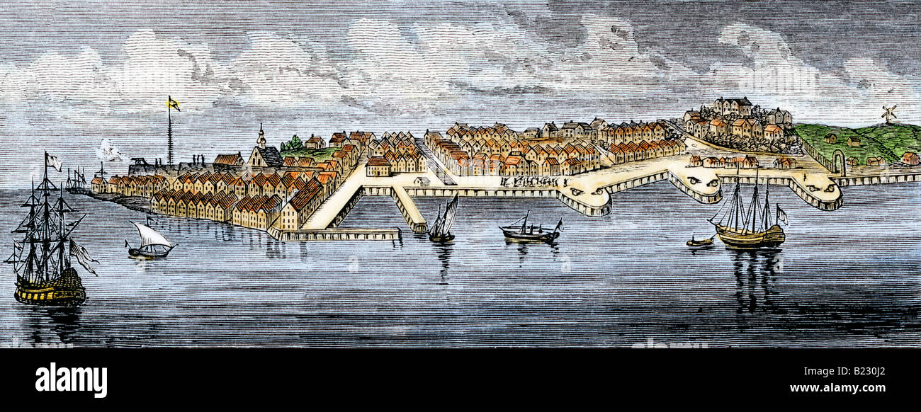 La ville de New York après avoir été une colonie anglaise en 1673. À la main, gravure sur bois Banque D'Images