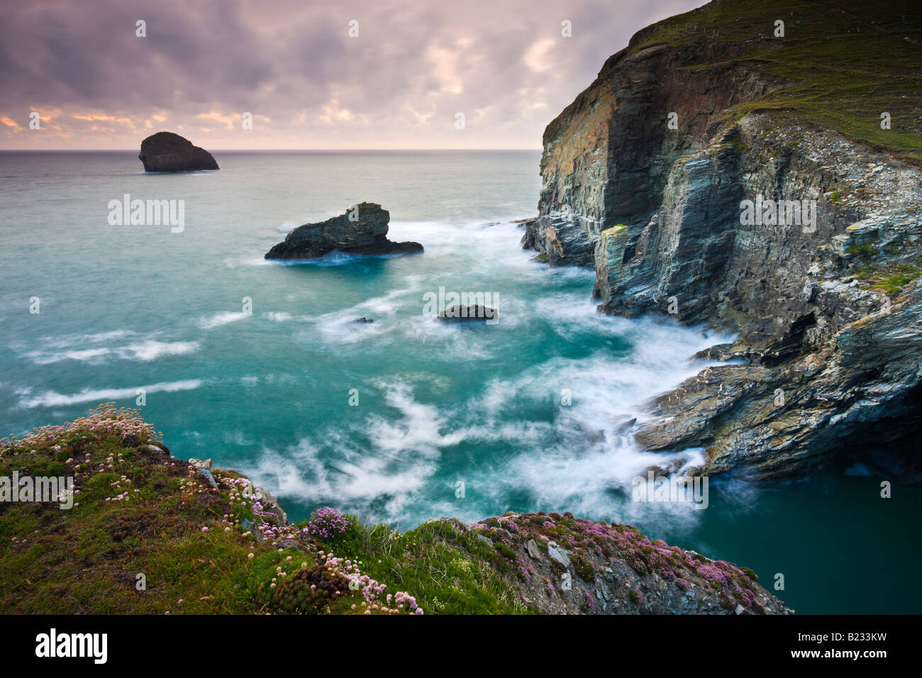Rochers et mer stacks à Backways Cove, sur la côte nord des Cornouailles en Angleterre Banque D'Images