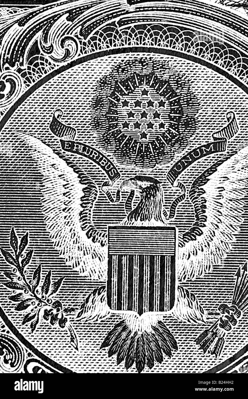 United States of America armoiries sur un dollar US vue négative Banque D'Images