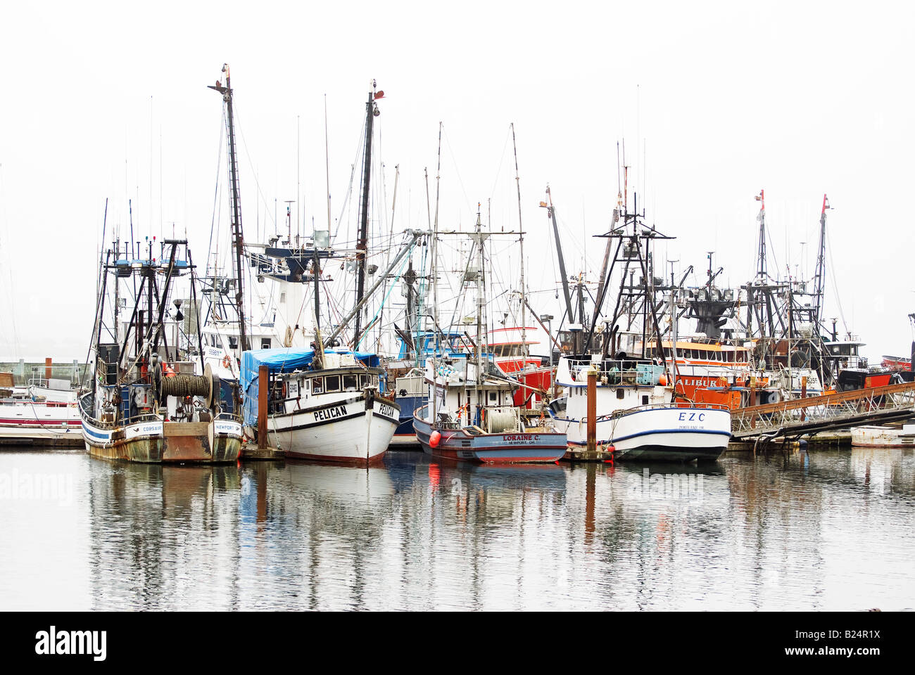 Les bateaux de pêche amarrés dans le brouillard sur Yaqunia Bay, New Port, Oregon Banque D'Images