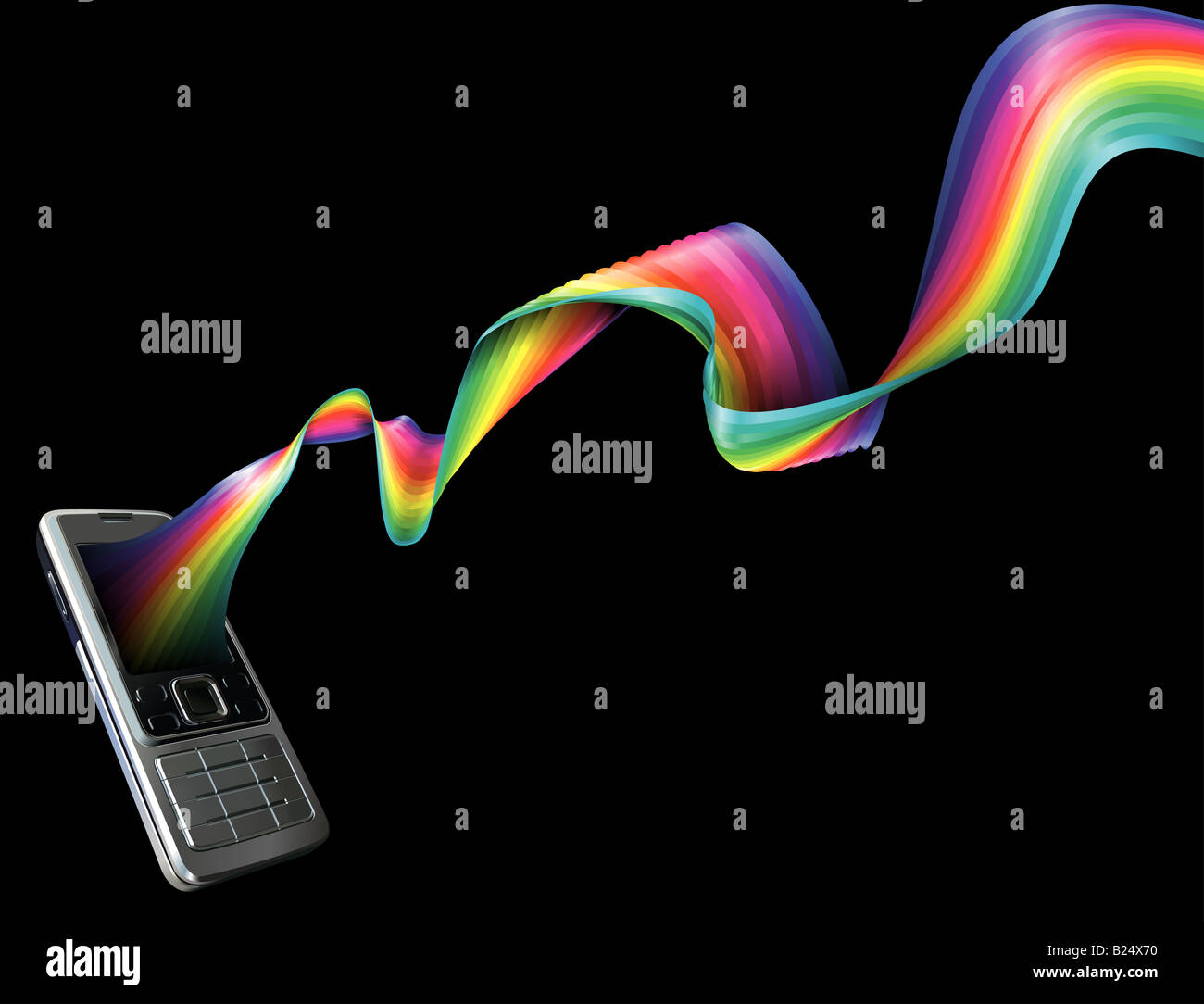 Un résumé de fond avec mobile cell phone avec un arc-en-ciel qui s'écoule hors de lui Banque D'Images