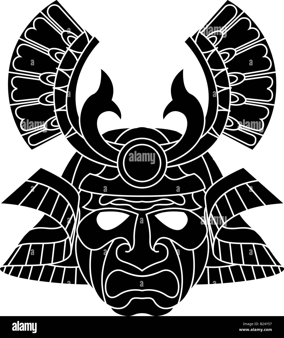 Une illustration d'un masque de samouraï monochrome redoutable Banque D'Images
