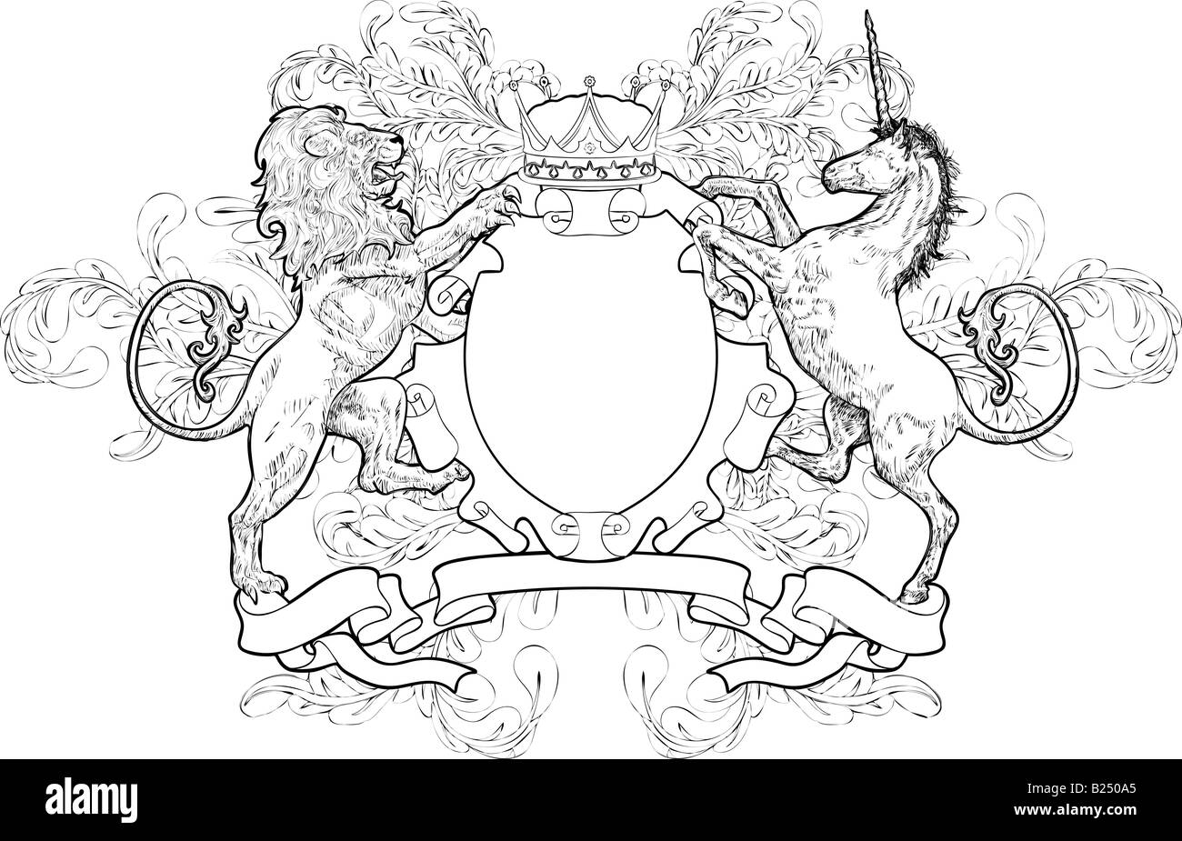 Lion Monochrome et Unicorn des armoiries. Un écran noir et blanc élément armoiries doté d''un lion, licorne et couronne Banque D'Images
