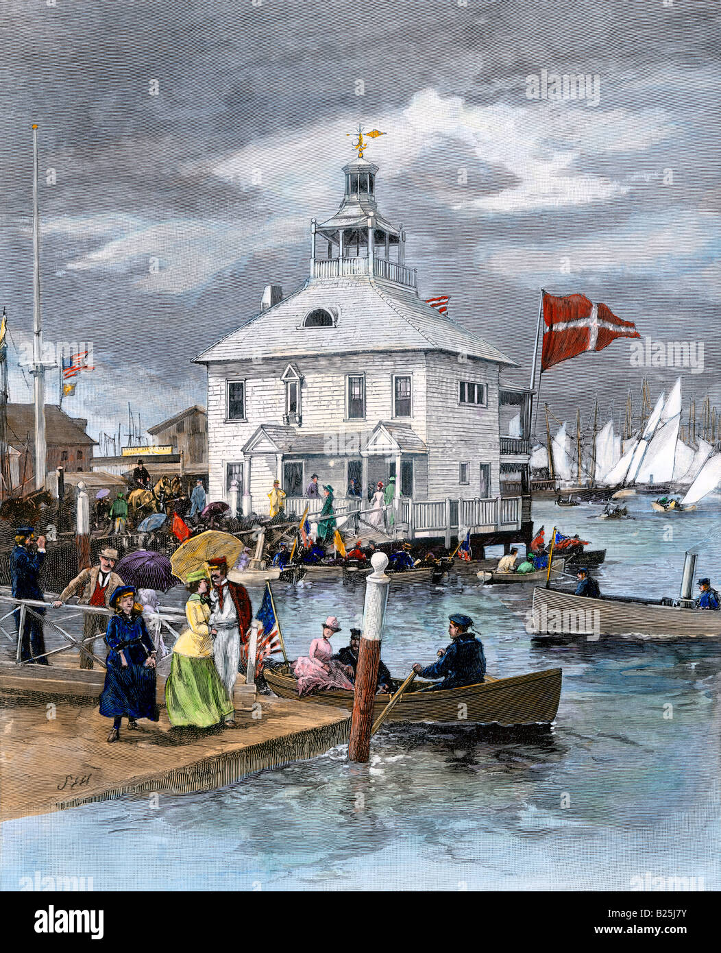 Chalet du New York Yacht Club à Newport, Rhode Island de 1880. À la main, gravure sur bois Banque D'Images