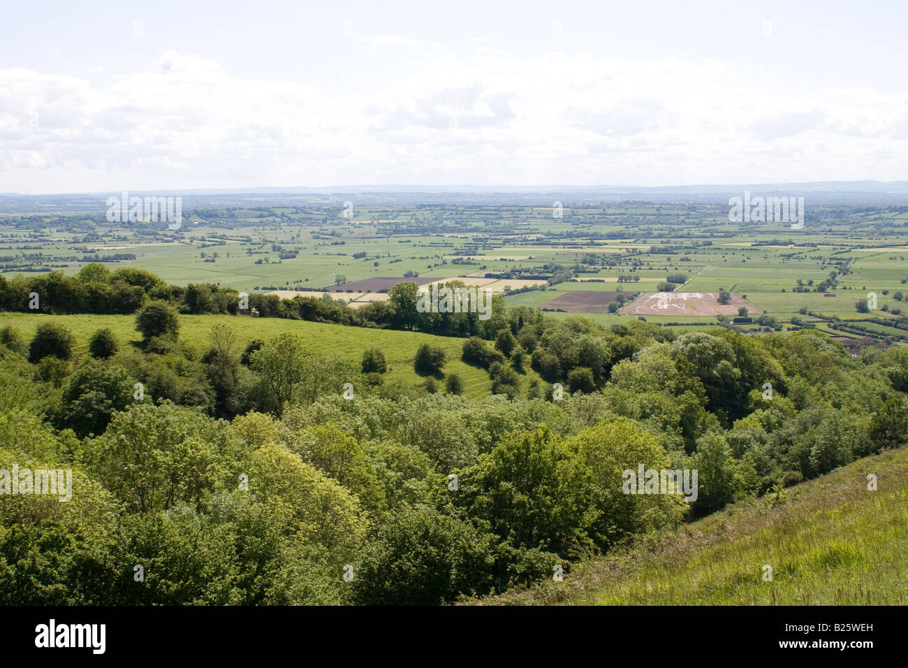 Vue depuis les collines de Mendip, Somerset, UK avec les niveaux de Somerset Banque D'Images