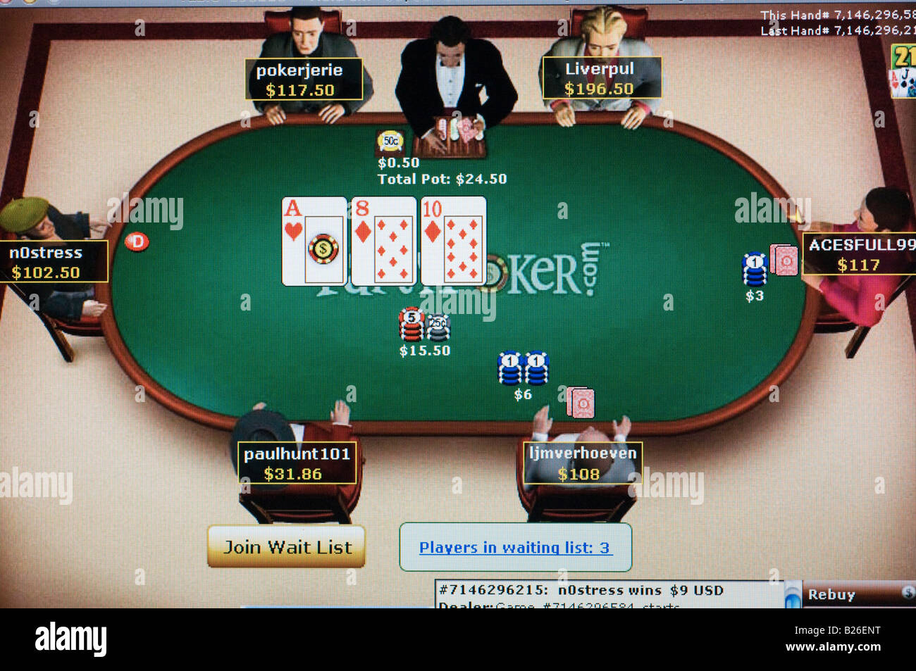 Table de poker Internet PartyPoker com Banque D'Images