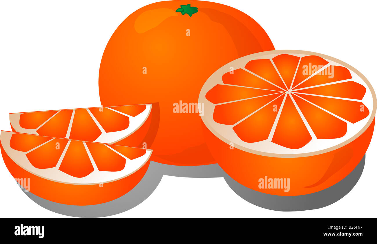 Illustration d'orange orange couper couper en deux et les articles Banque D'Images