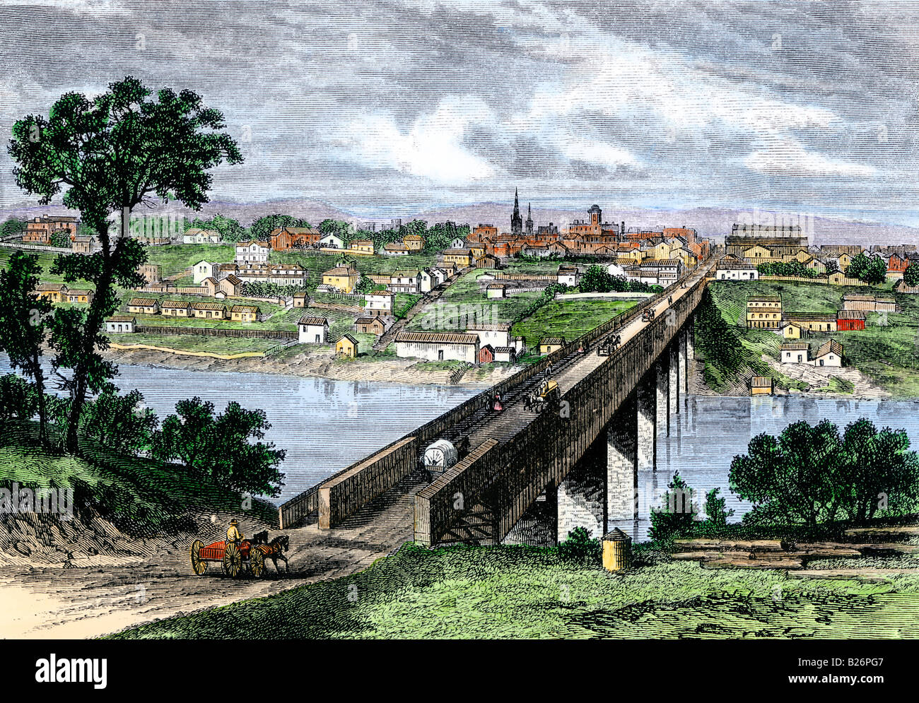 Pont sur la rivière Tennessee à Knoxville 1870. À la main, gravure sur bois Banque D'Images