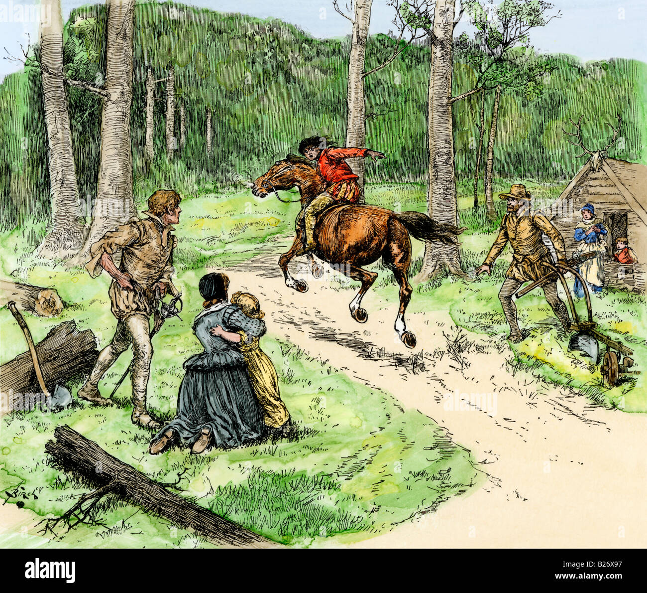 Messenger avertissement d'une attaque des Américains indigènes de la colonie de Roanoke fin des années 1500. À la main, gravure sur bois Banque D'Images