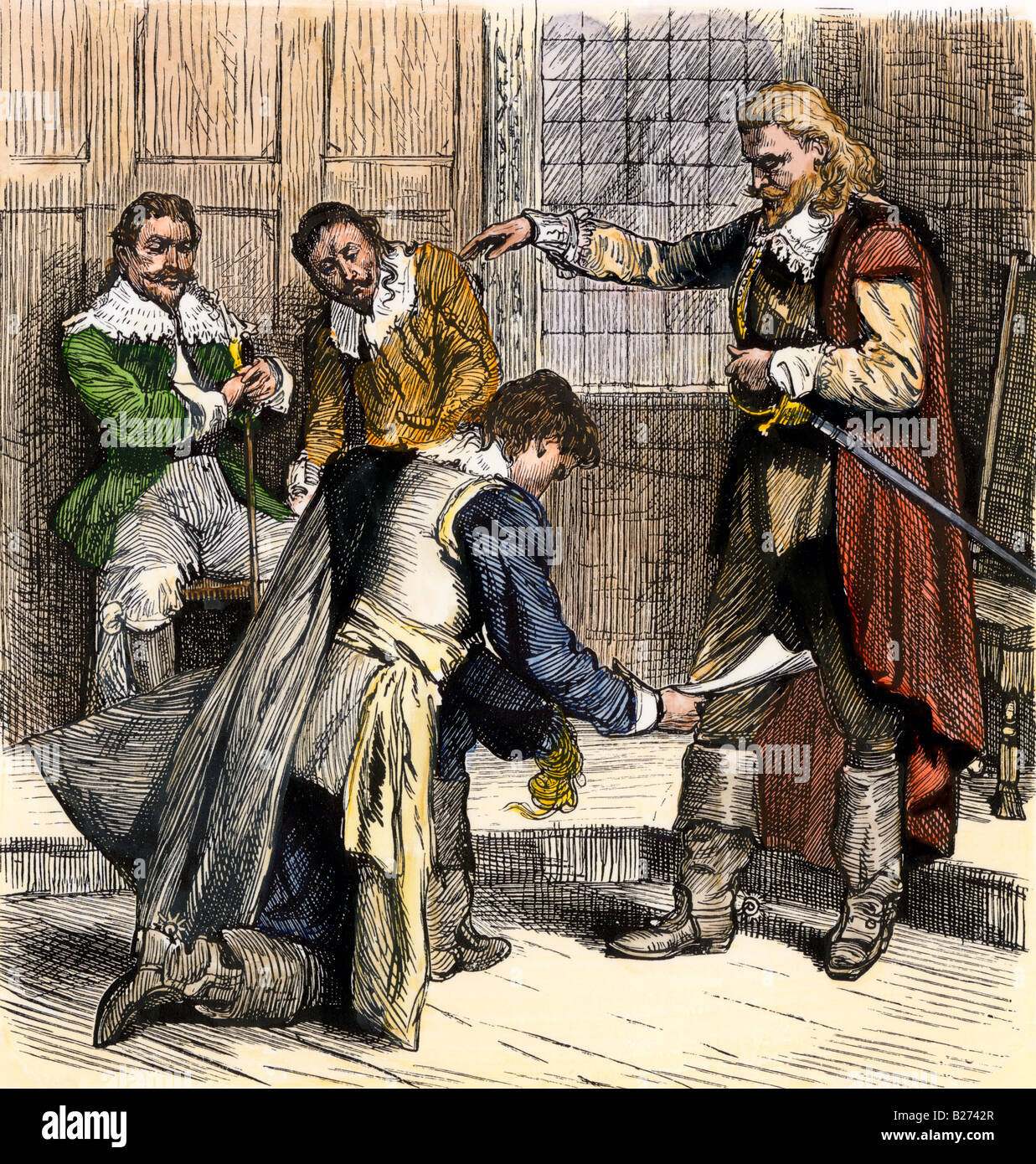 Nathaniel Bacon de soumettre au gouverneur colonial Virginia 1676 Berkeley. À la main, gravure sur bois Banque D'Images