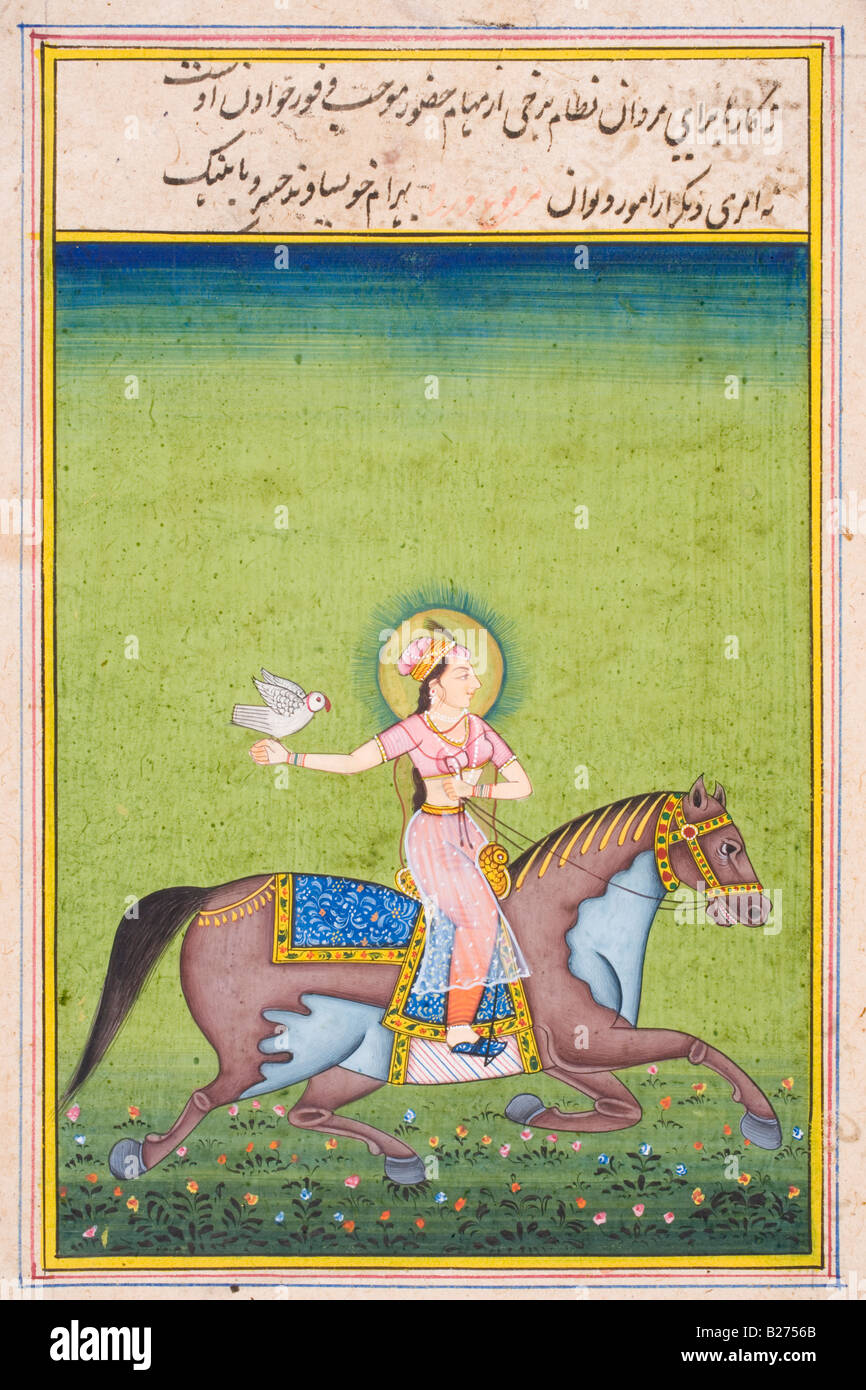 Dame avec falcon riding horse. Peinture miniature du Rajasthan. Banque D'Images