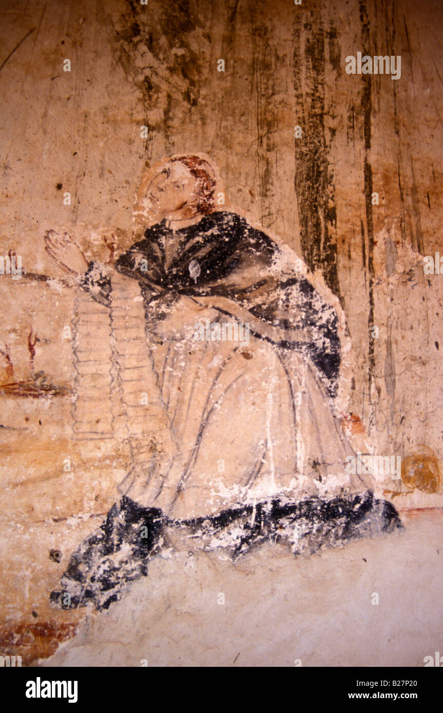 Peinture murale religieuse a disparu au 16ème siècle Ex Convento de San Francisco convent à Tzintzuntzan au lac Patzcuaro, Michoacan, Mexique Banque D'Images