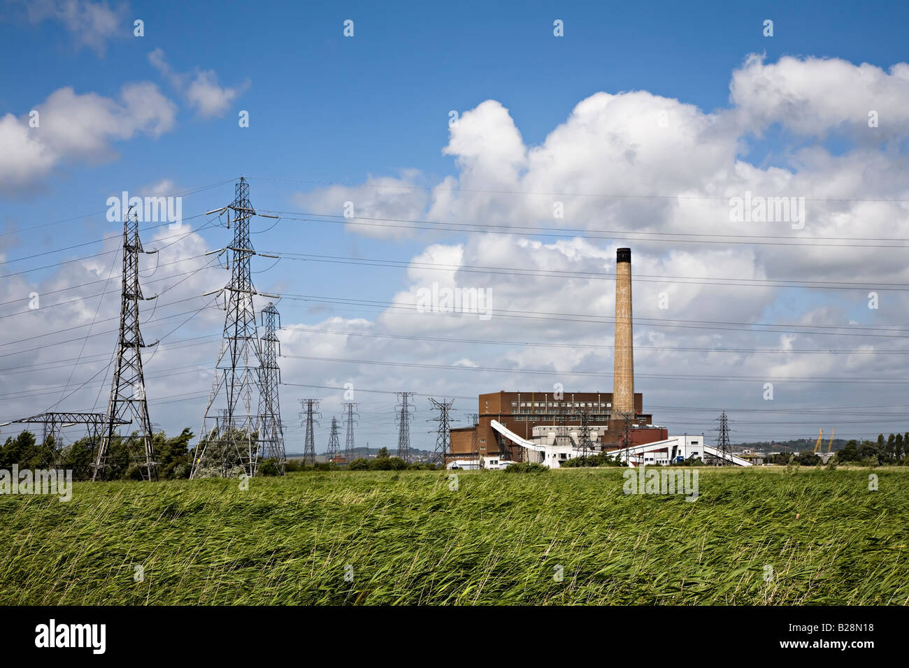 Les lits de roseaux dans les zones humides et réserve naturelle de Newport pylônes devant Uskmouth Power Station Newport Wales UK Banque D'Images