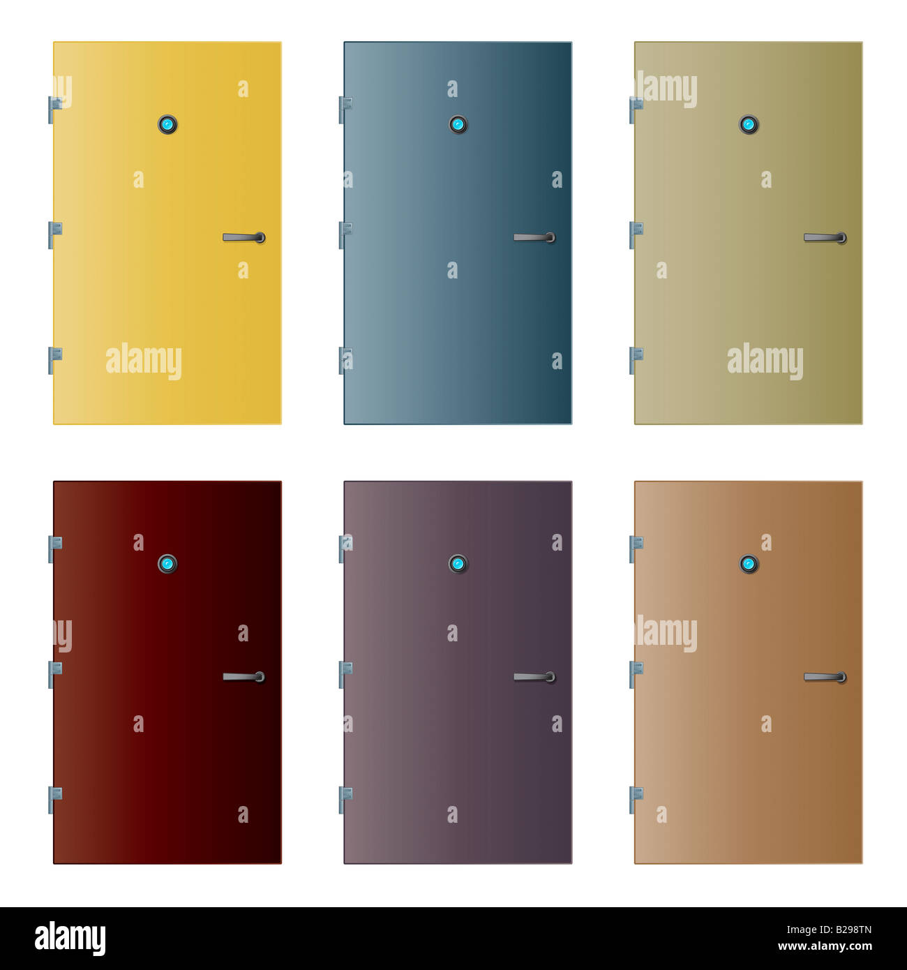 Illustrations vectorielles de six portes avec charnières couleur détaillées judas avec réflexion et poignée Banque D'Images