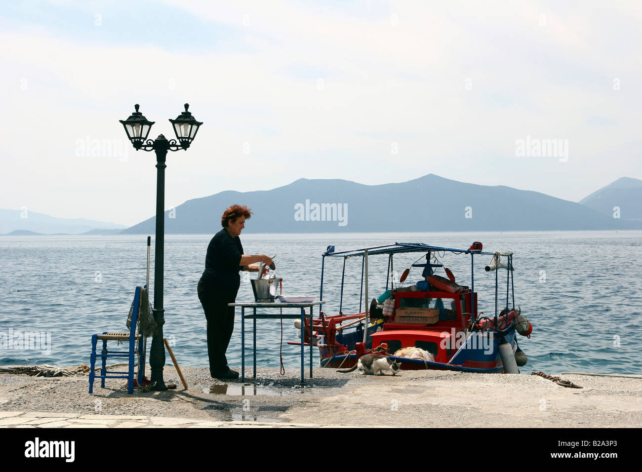 Grèce Crète Agia Kiriaki femme en train de nettoyer le poisson dans le petit village de pêcheurs au sud ouest de la péninsule de Pelion Banque D'Images