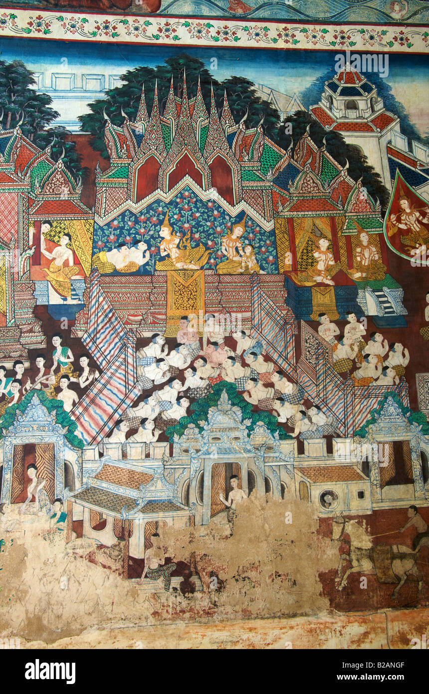 Murales de la viharn de Wat Khong Kha Ram en Thaïlande Ratchaburi Banque D'Images