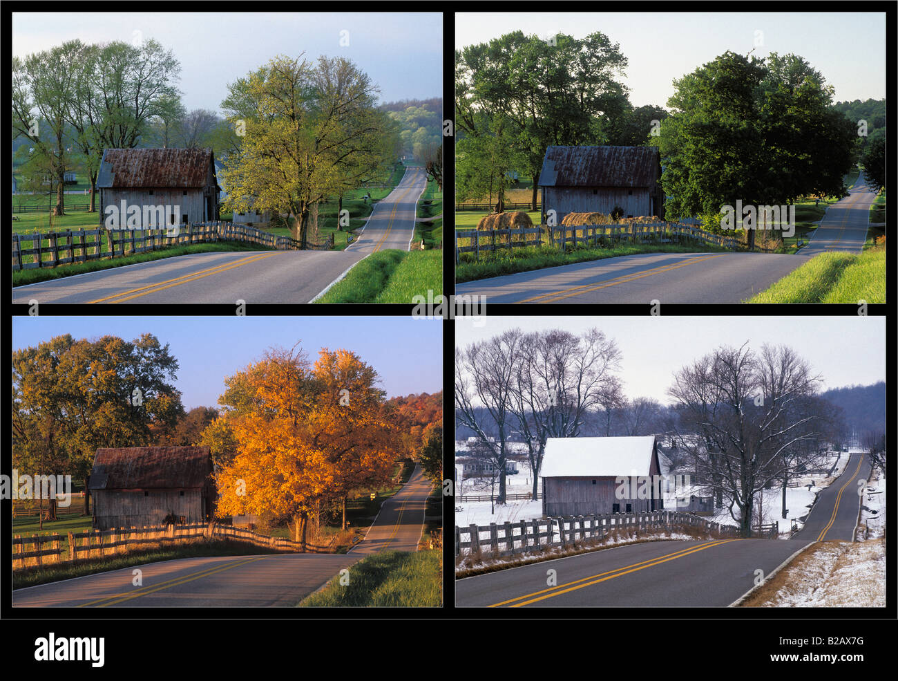 Quatre saisons de la route de campagne à travers le paysage rural dans le comté de Washington Indiana Banque D'Images