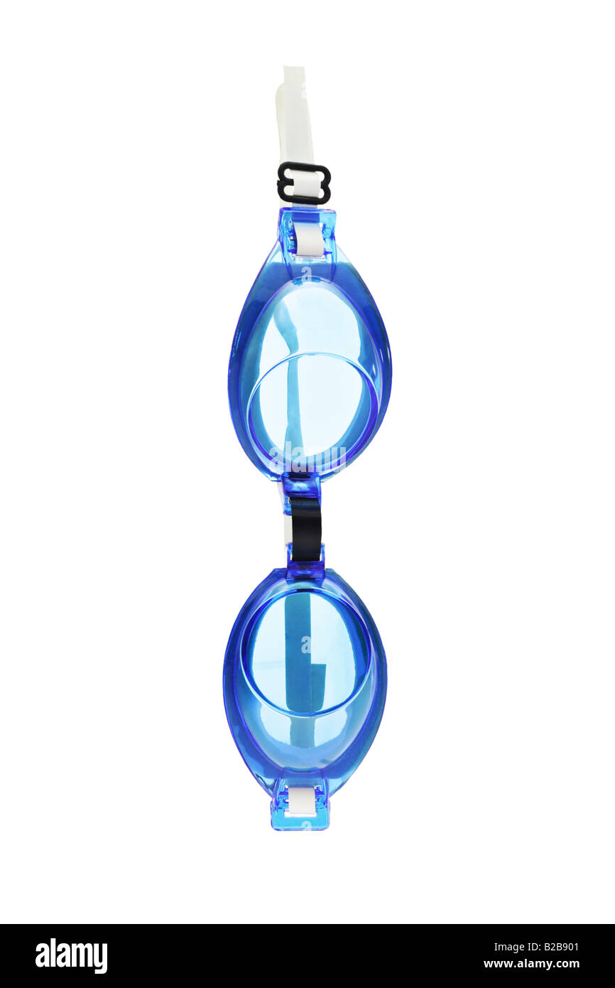 Lunettes de natation en suspension dans l'air sur fond blanc Banque D'Images