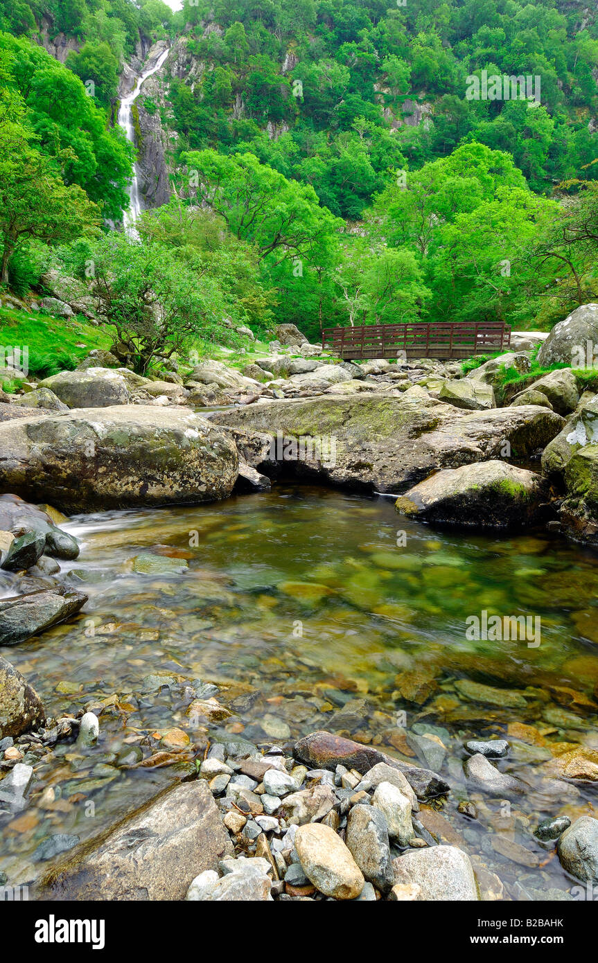 Afon Rhaeadr Fawr près de Bangor dans le Nord du Pays de Galles s'écoulant dans Coedydd avec Aber Aber tombe dans l'arrière-plan Banque D'Images