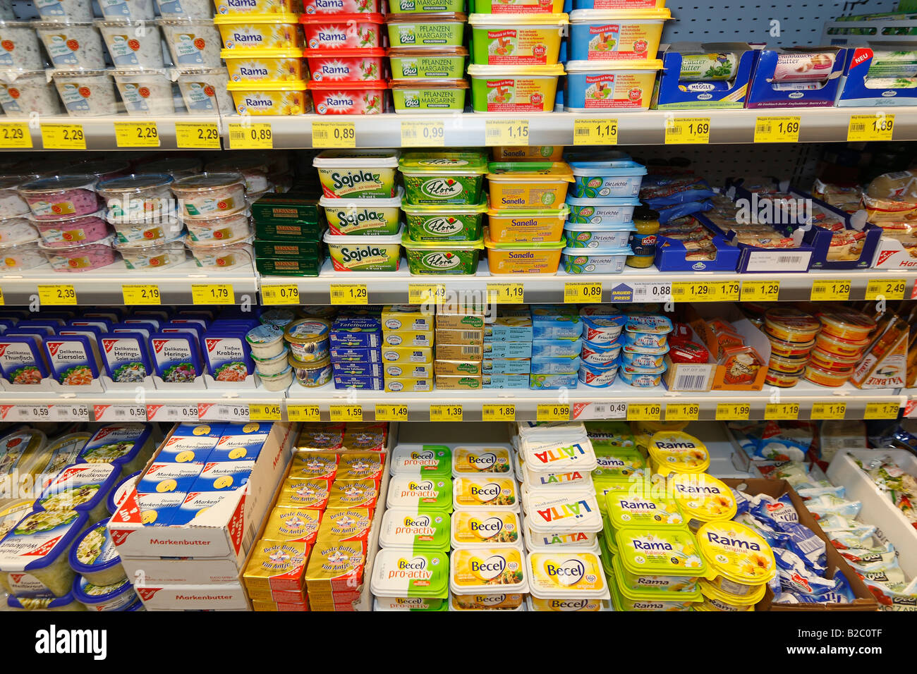 Le beurre et la margarine dans un supermarché, Paffrath, Bergisch Gladbach, Nordrhein-Westfalen, Germany, Europe Banque D'Images