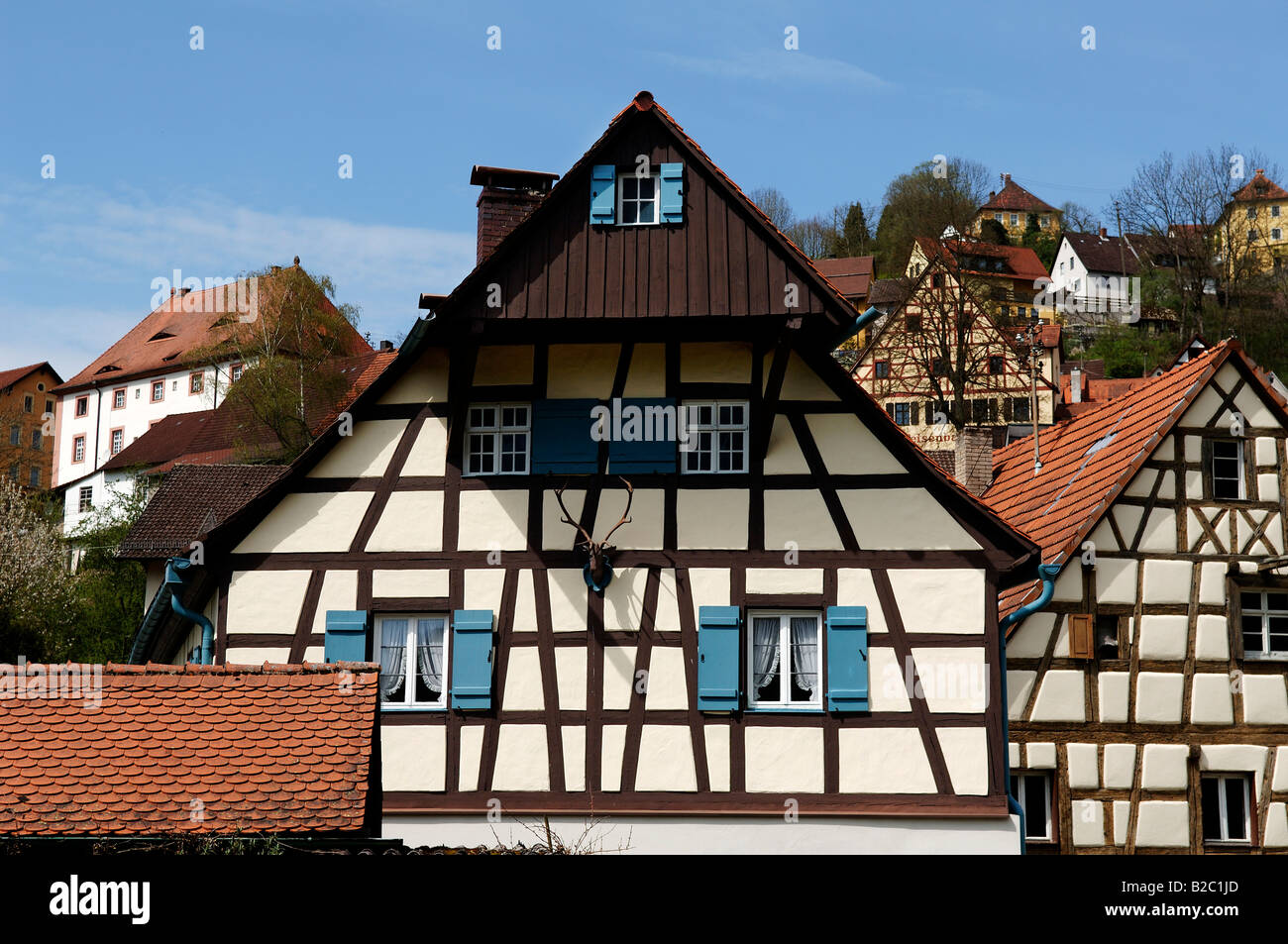 Maison ancienne à colombages, écran bavaroises en Haute-franconie, Bavaria, Germany, Europe Banque D'Images