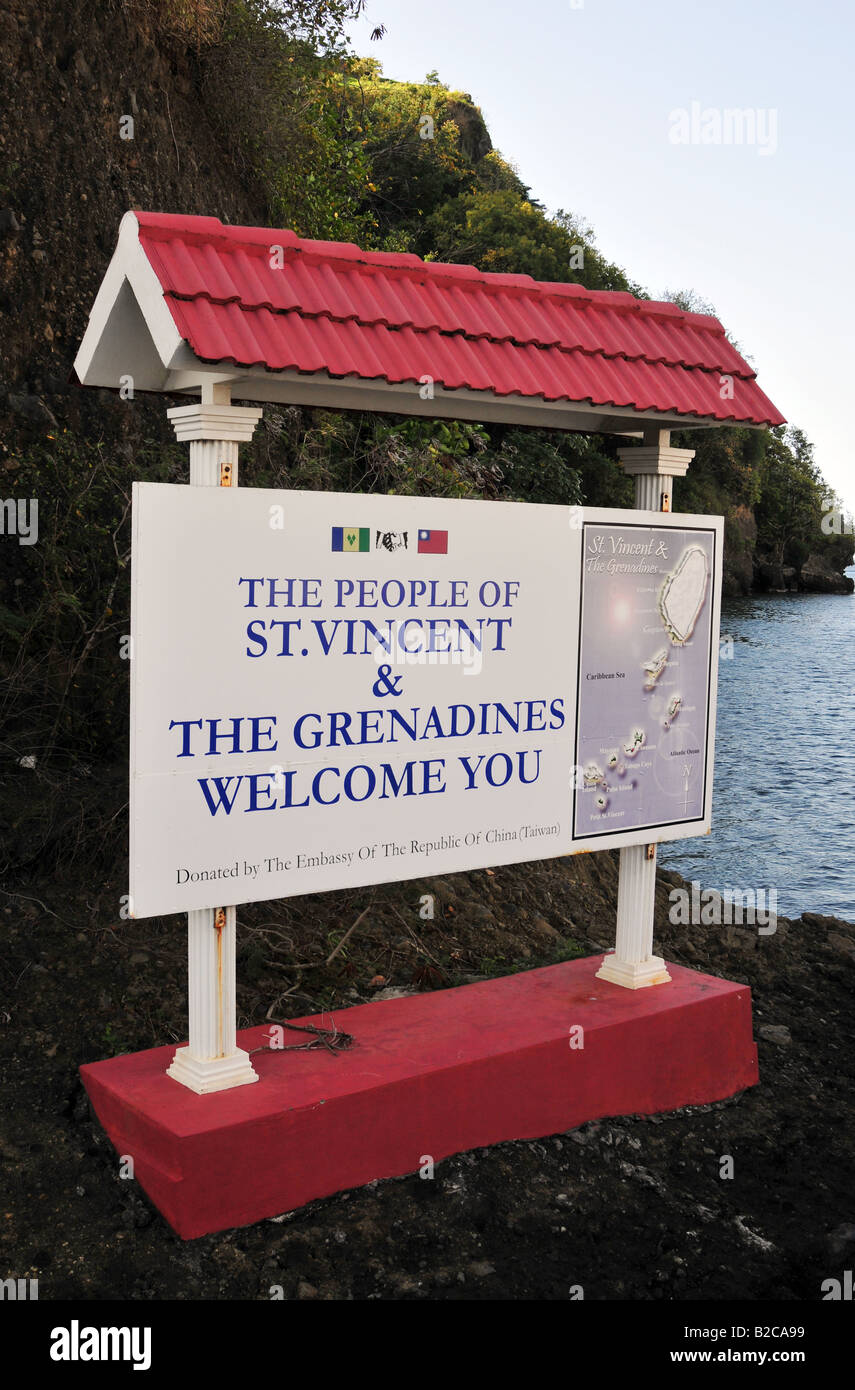 St Vincent. Inscription Accueil des touristes à l'île des Caraïbes. Banque D'Images