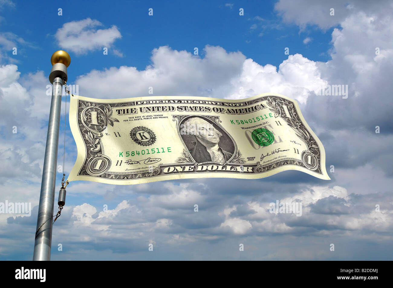 Dollar bill comme drapeau avec le fond de ciel Banque D'Images