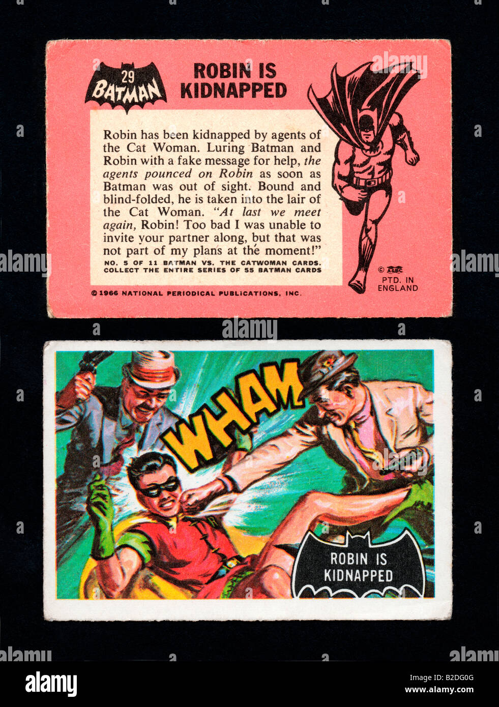 Bubble Gum trading cards de la série de cartes Batman 1966 connu sous le nom de la Chauve-souris noire ou orange série dos Banque D'Images