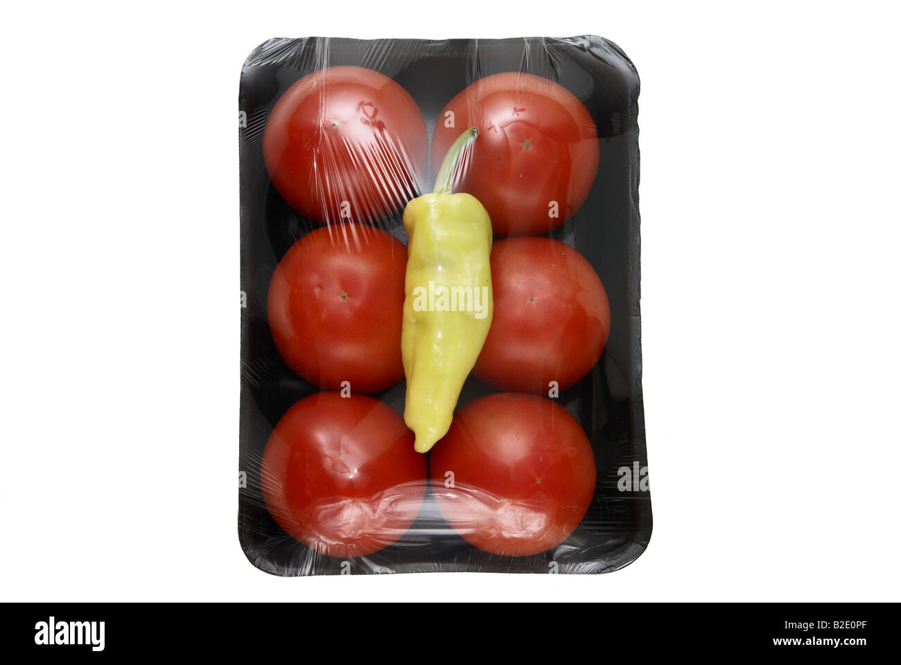 Un pack de 6 tomates et un piment vert, dentelle sur fond blanc. Banque D'Images