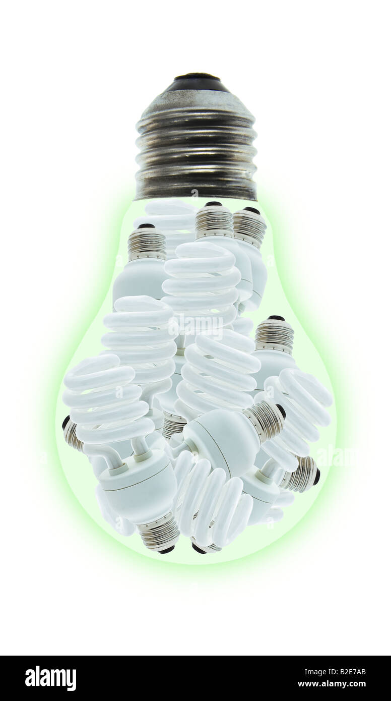 Image conceptuelle d'un groupe d'ampoules à économie d'énergie ampoule à incandescence à l'intérieur sur fond blanc Banque D'Images
