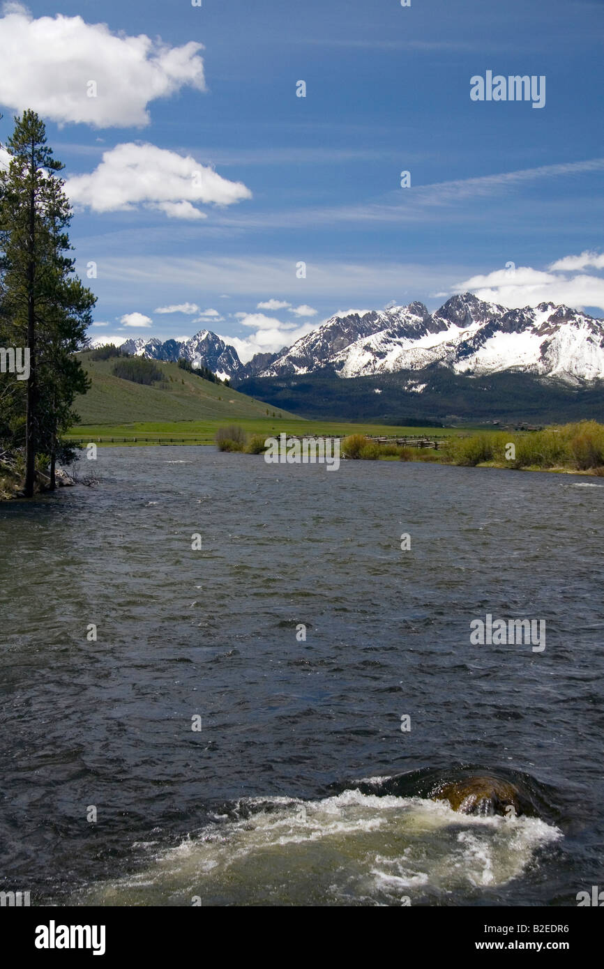 La rivière Salmon qui coule à travers la vallée de la scie au-dessous de la gamme de montagne de scie près de Stanley Idaho Banque D'Images