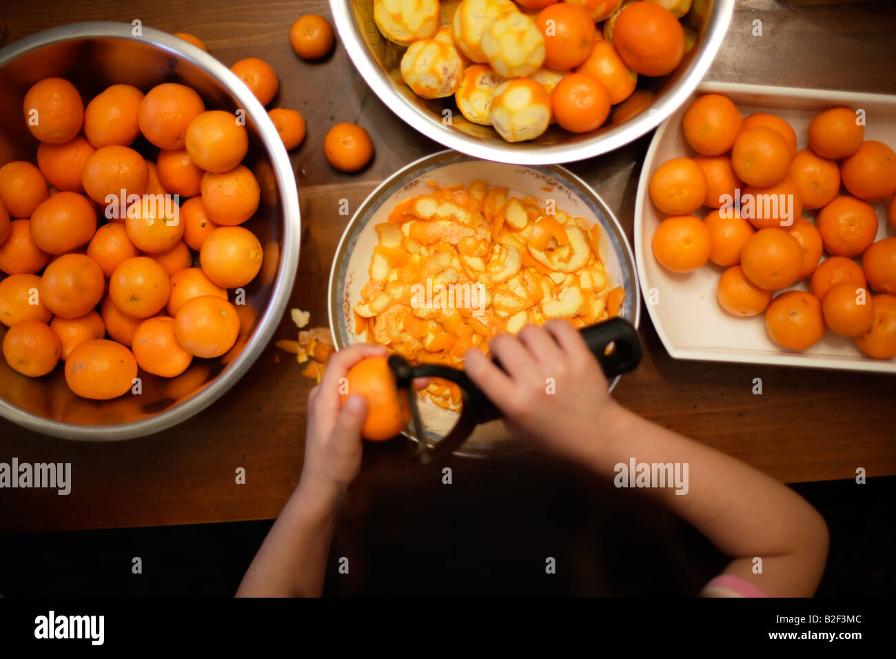 Petite fille de cinq ans épluche les oranges prélevés dans le jardin pour faire de la marmelade Banque D'Images