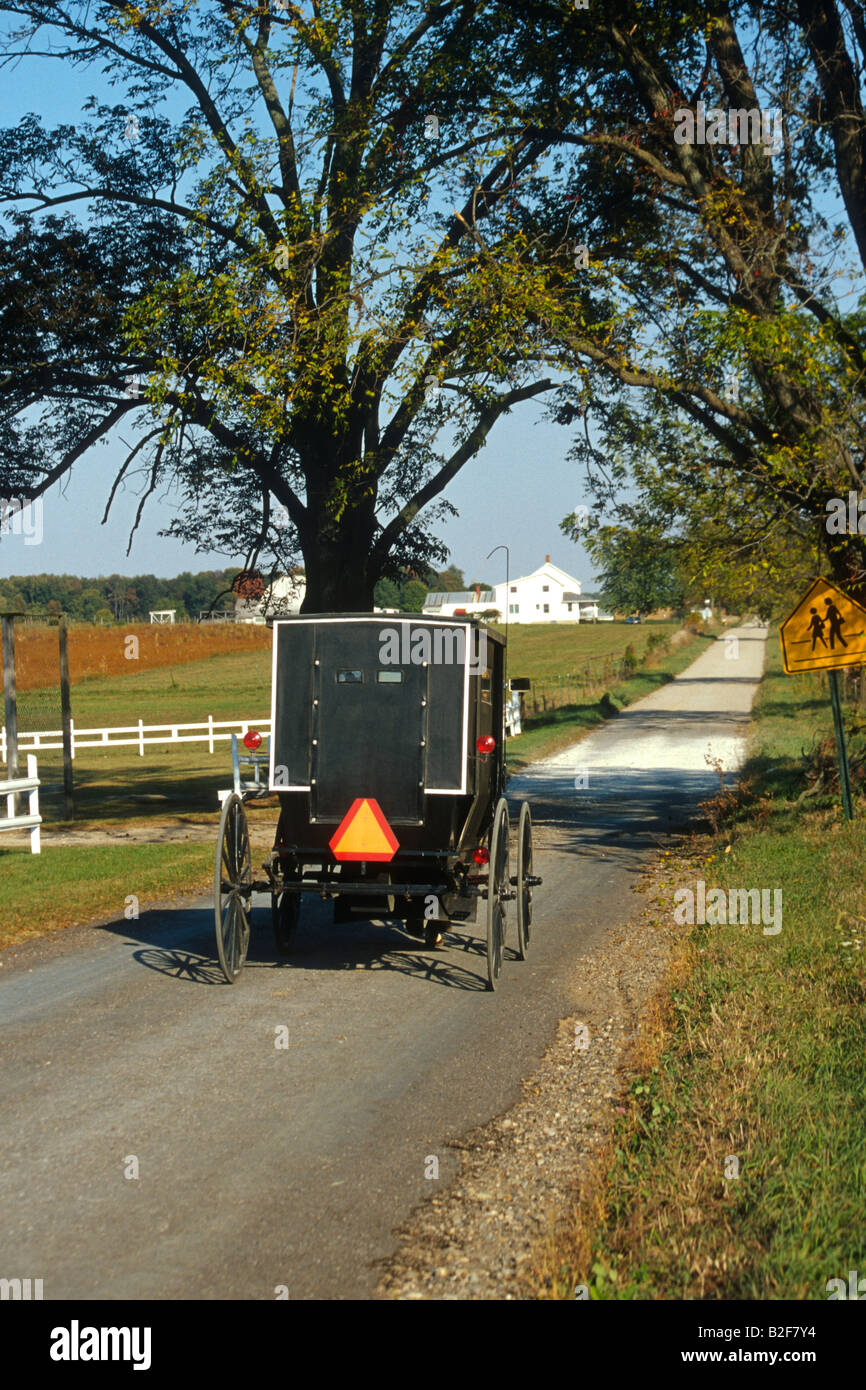 INDIANA Nappanee Amish buggy sur une voie de pays rural road school crossing sign vu de derrière Banque D'Images