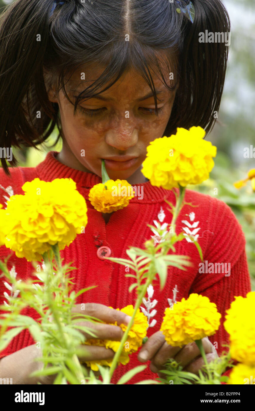 Une jeune fille indienne avec fleur jaune dans sa bouche en jouant le jardin faisant face à l'extérieur, Kalga funy, Inde 2007 Banque D'Images
