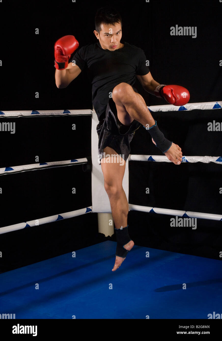 Jeune homme pratiquant la boxe dans un ring de boxe Banque D'Images