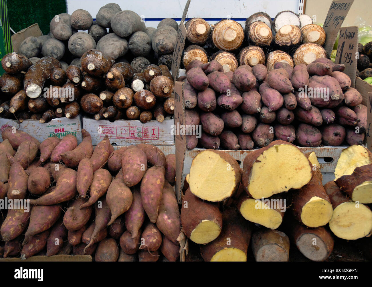 Les légumes racines tropicales affiché dans le sud de Londres sur le marché de Brixton Banque D'Images