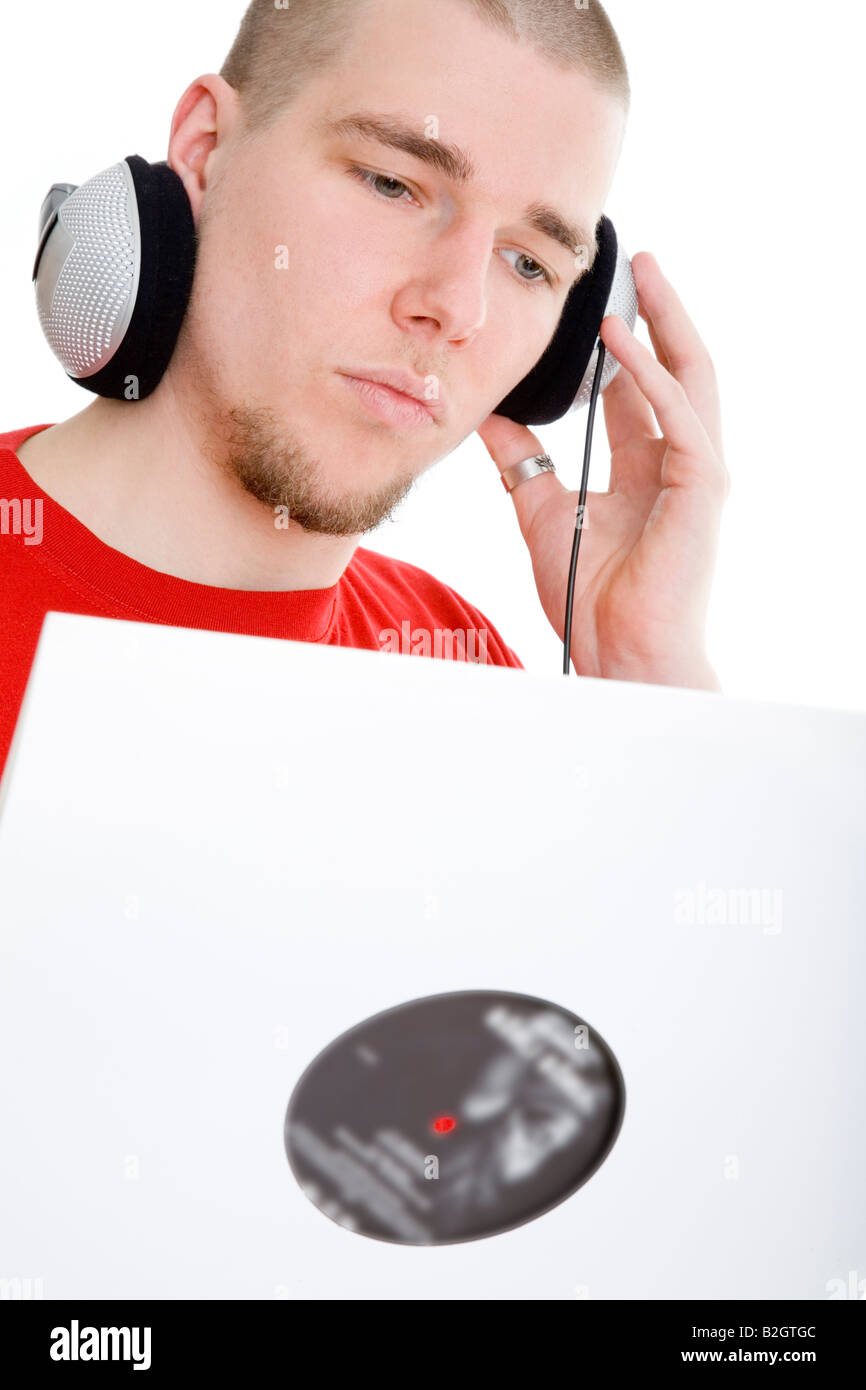 Disc Jockey dj headphones vinyl record musique pop portrait Banque D'Images