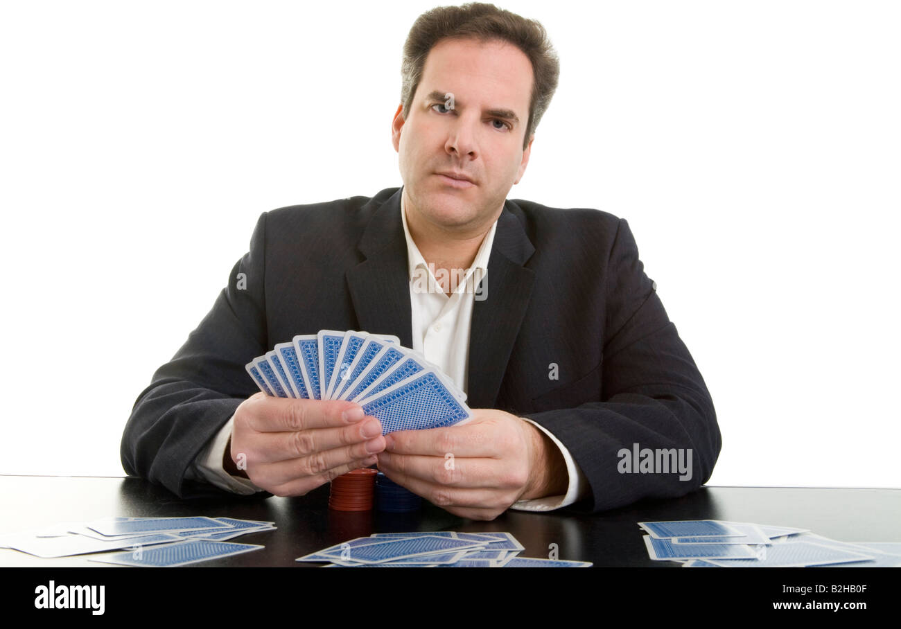 Jeu de carte jeu de cartes jeu de hasard joueur main vendeur col chemise homme de métier manager Banque D'Images