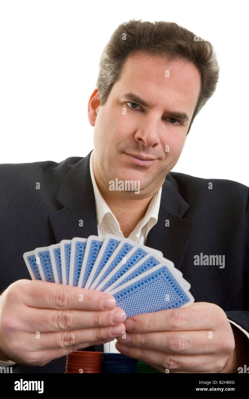 Jeu de carte jeu de cartes jeu de hasard joueur main vendeur col chemise homme de métier manager Banque D'Images