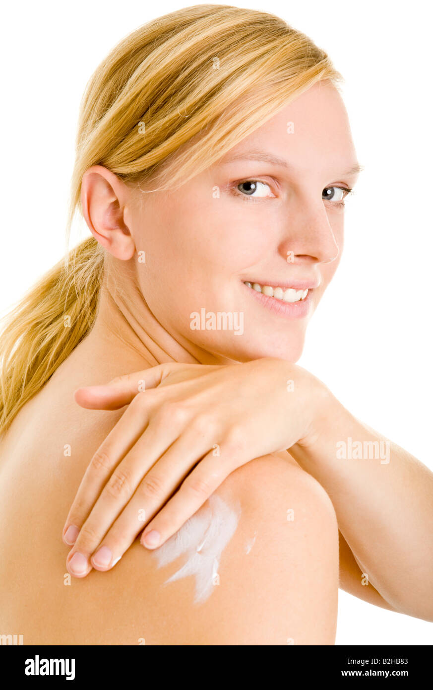 Mettez de la peau lotion cosmétique de soins de beauté, soins de la peau lotion pour le corps de bien-être Banque D'Images