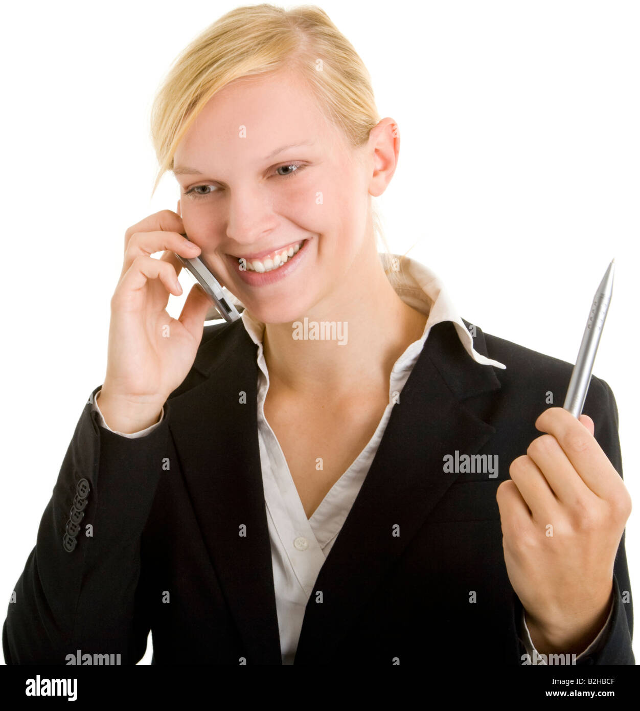 Young businesswoman blonde femme attentived puissance puissant téléphone occupé phoning commercial conversation conversation amicale mobil Banque D'Images