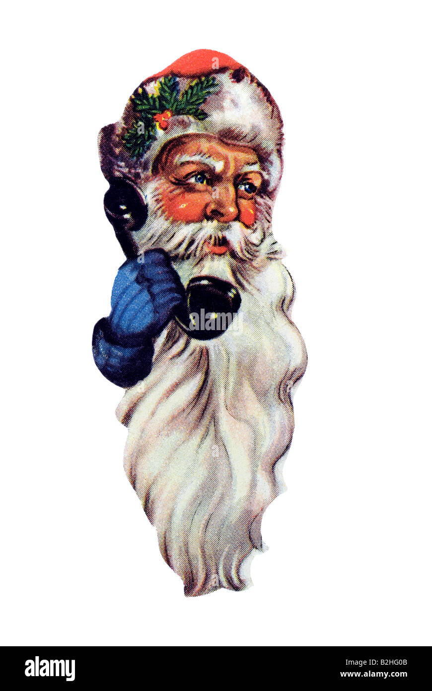 Le Père Noël à l'ancienne tête rouge et grande barbe blanche avec téléphone 20e siècle Allemagne Banque D'Images