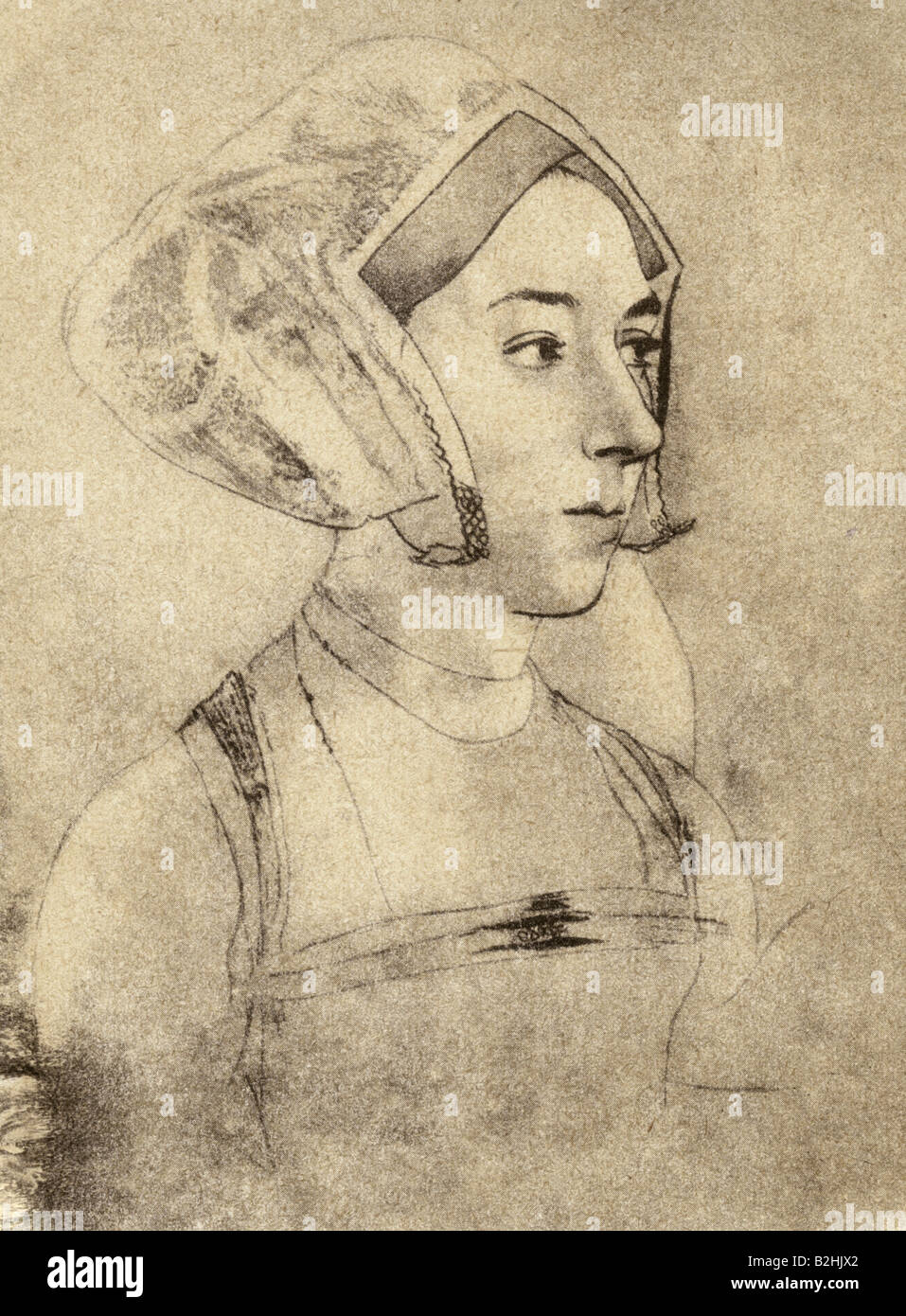 Anne Boleyn, vers 1505 - 19.5.1536, Reine Consort d'Angleterre 25.1.1533 - 19.5.1536, portrait, gravure par Hans Holbein le jeune, vers 1533, , Banque D'Images