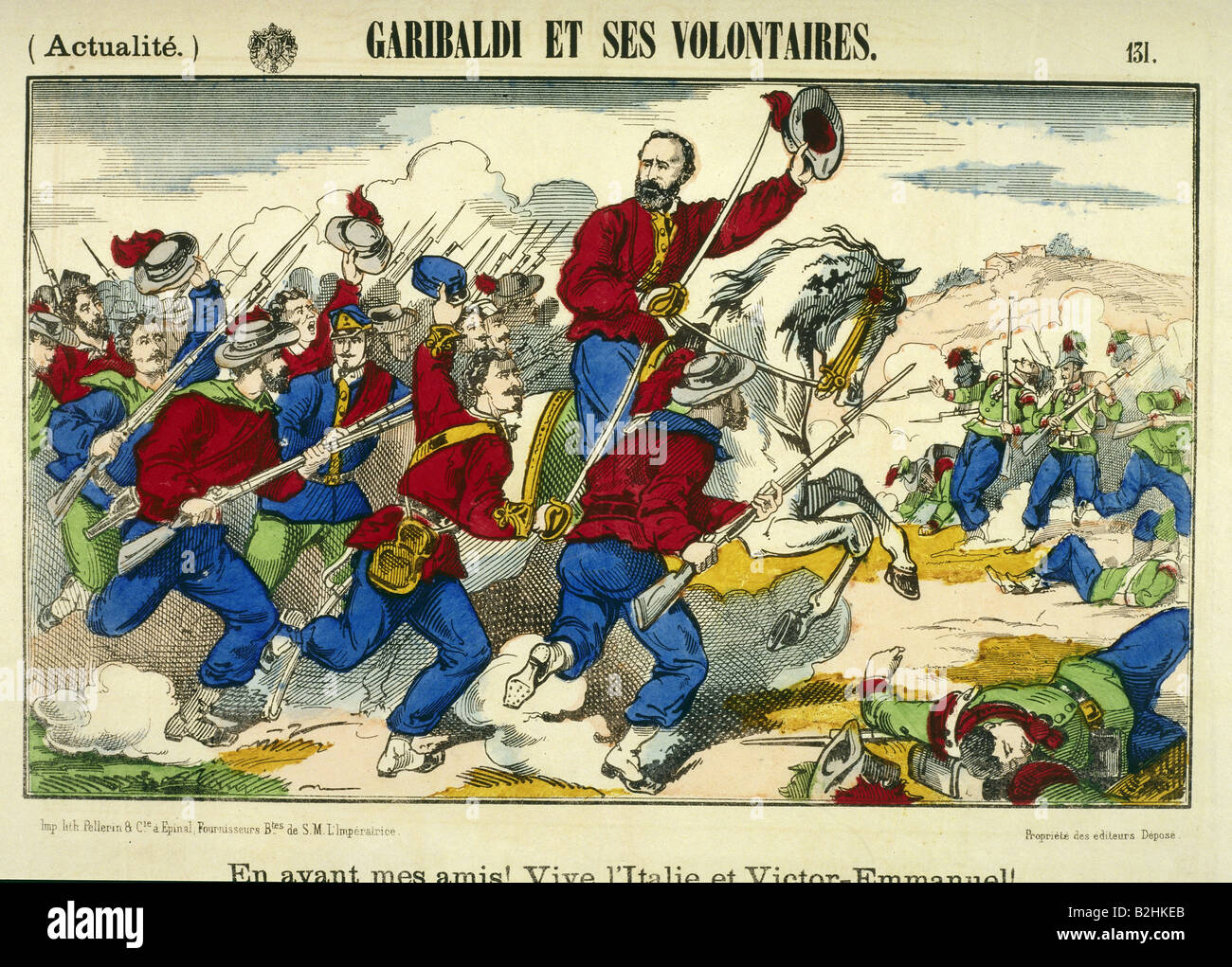Garibaldi, Giuseppe, 4.7.1807 - 2.6.1882, combattant italien de la liberté,  pleine longueur, attaque de ses chemises rouges, lithographie colorée,  Pellerin, Epinal, XIXe siècle Photo Stock - Alamy